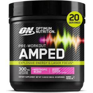 imageOptimum Nutrition Amped PreWorkout with Citrulline BetaAlanine Nootropics and 300mg of Caffeine for Energy Berry Fusion 20 Servings Packaging May Vary